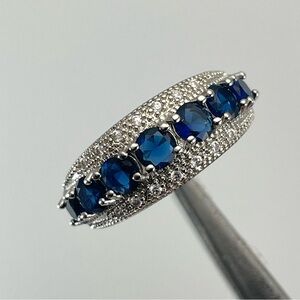 Beautiful Multi Stone Round Cut Blur Sapphire Diamond CZ Silver Plated Ring Band